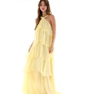 Yellow Tiered Halter Maxi Dress